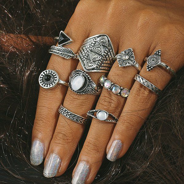 

Faux Gemstone Alloy Feather Finger Ring Set, Silver