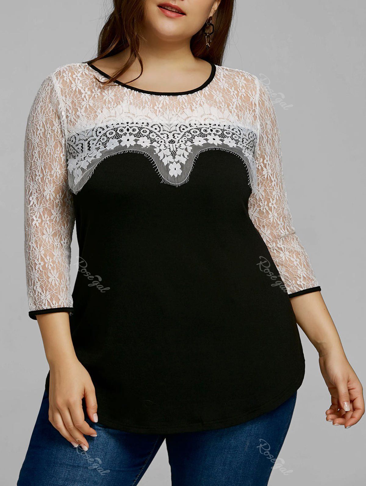 

Plus Size Lace Trim Two Tone Top, Black