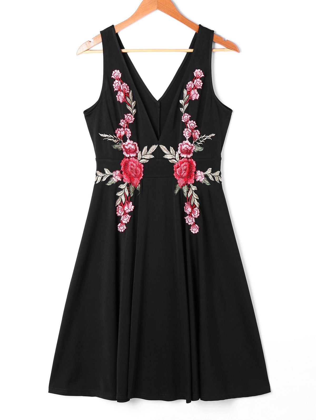 

Embroidered Plunging Neckline Swing Dress, Black