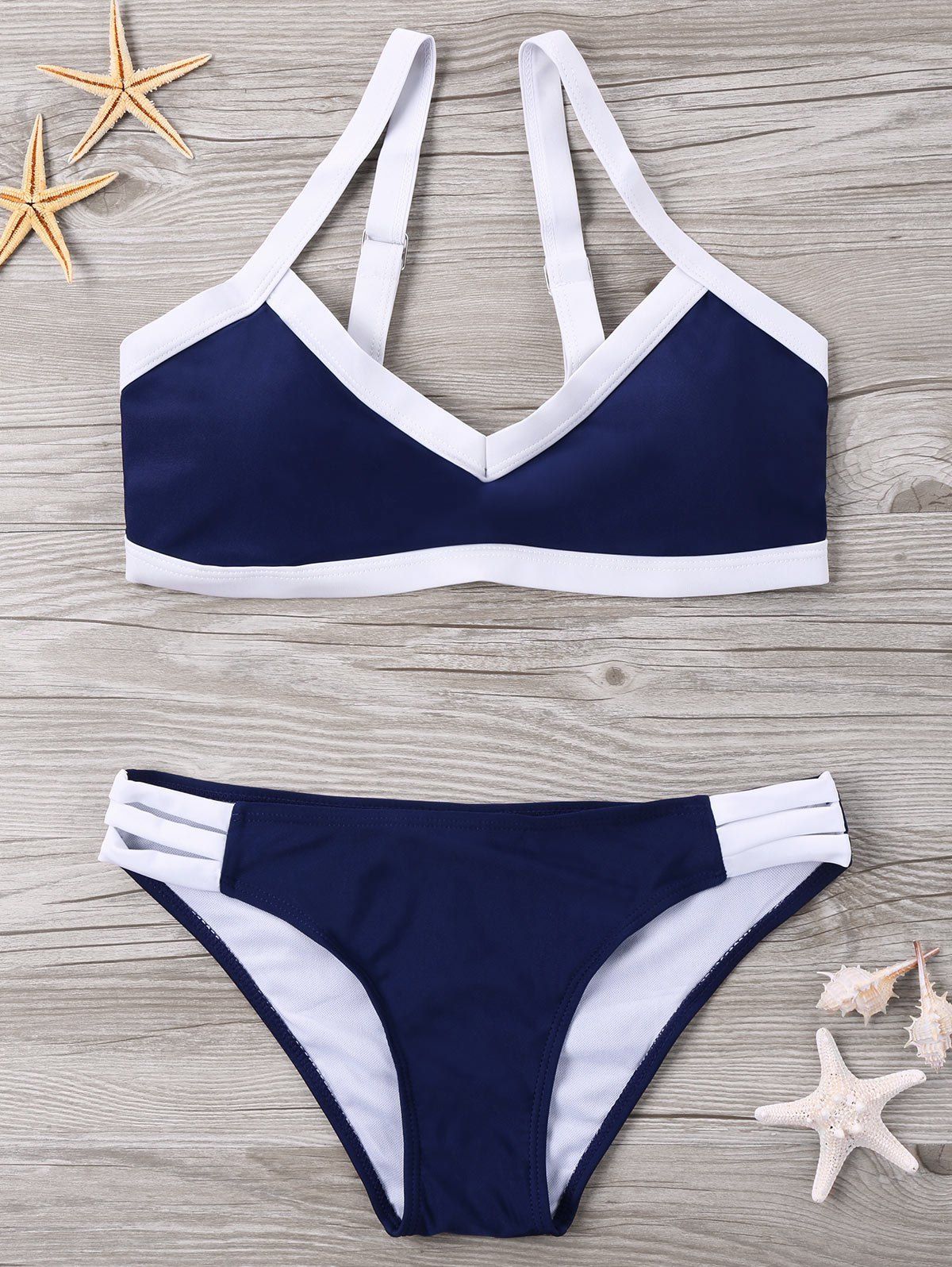 

Contrast Trim Strappy Padded Bikini Set, Cadetblue