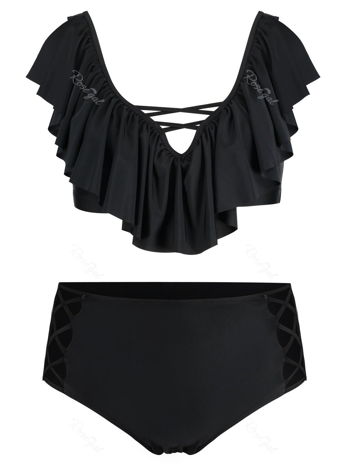 

Plus Size Lattice Cut Flounce Bikini Set, Black