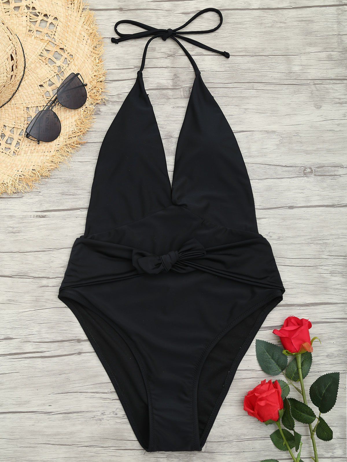 

Low Back Plunge Front Tied Swimsuit, Black