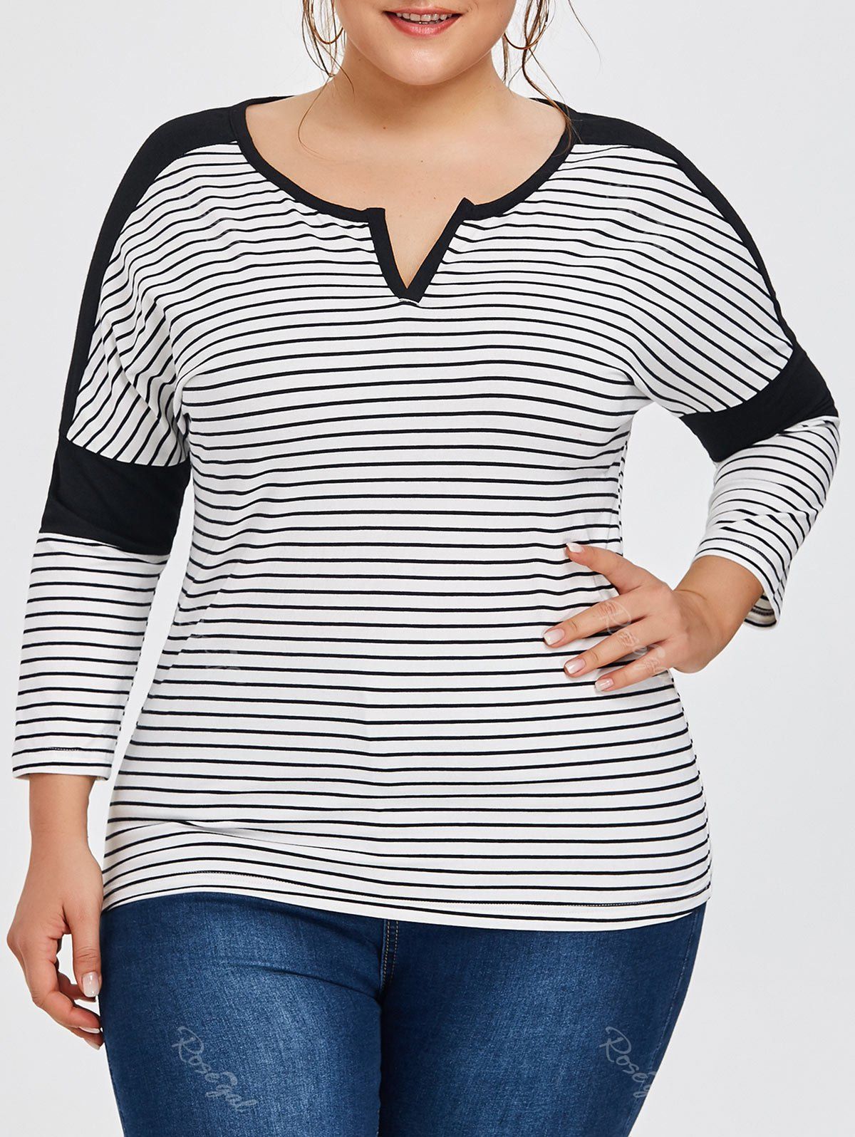 

Plus Size Striped Split Neck T-shirt, Black stripe