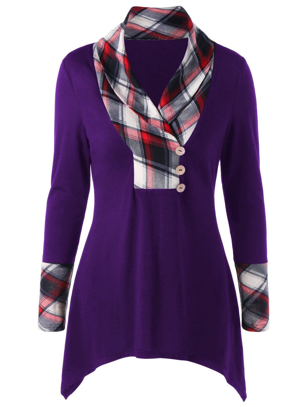 

Plaid Panel Shawl Collar T-shirt, Purple