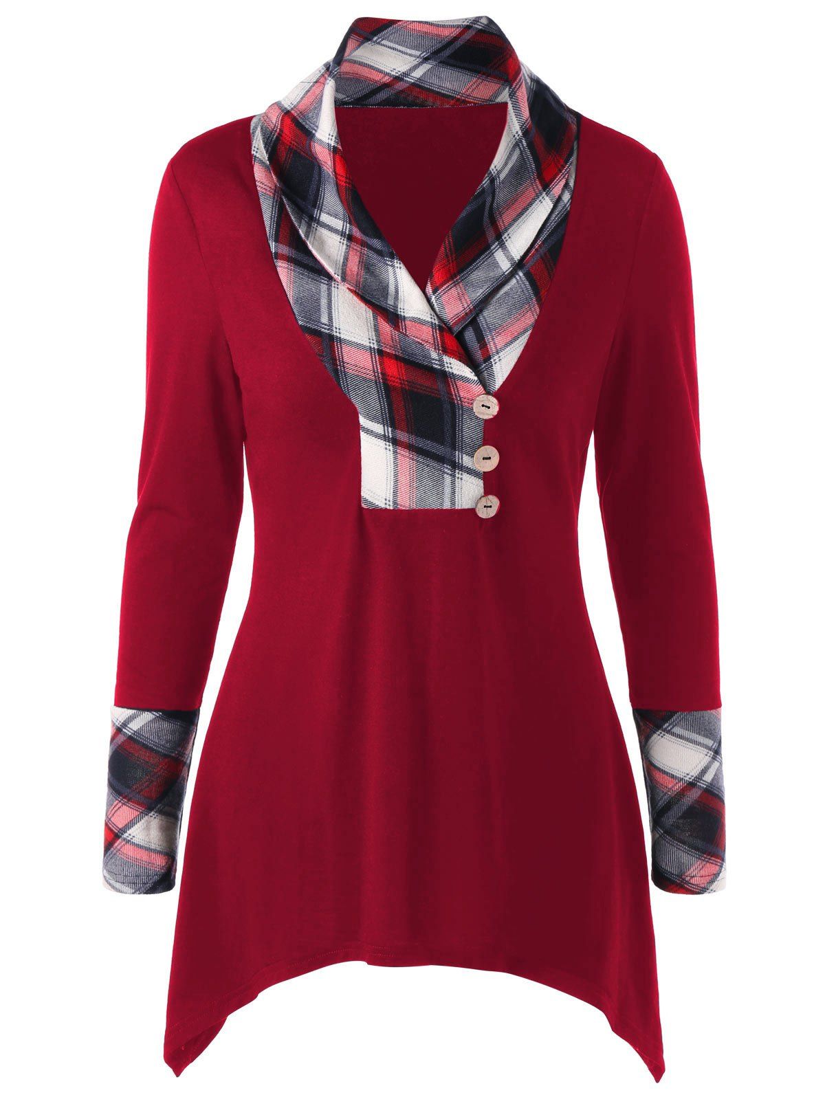 

Plaid Panel Shawl Collar T-shirt, Wine red