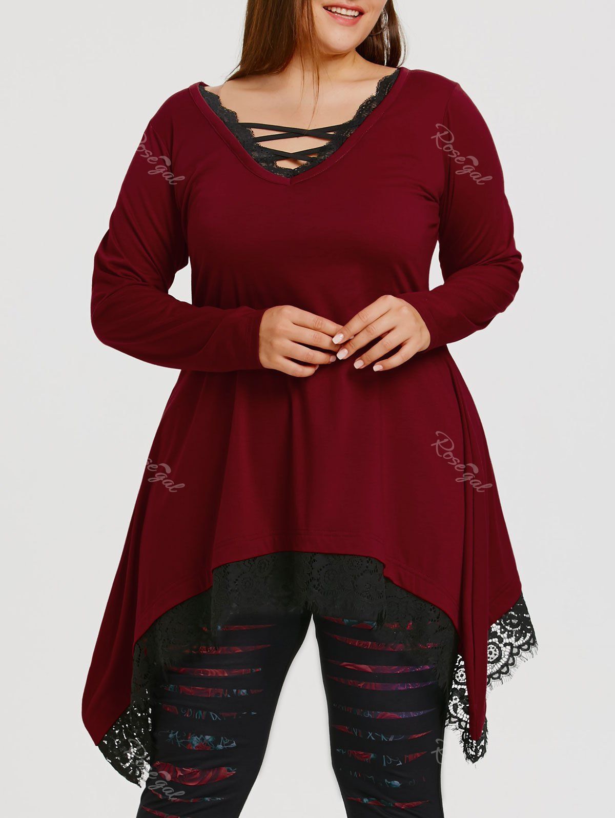 

Lace Trim Plus Size Tunic Sharkbite T-shirt, Wine red