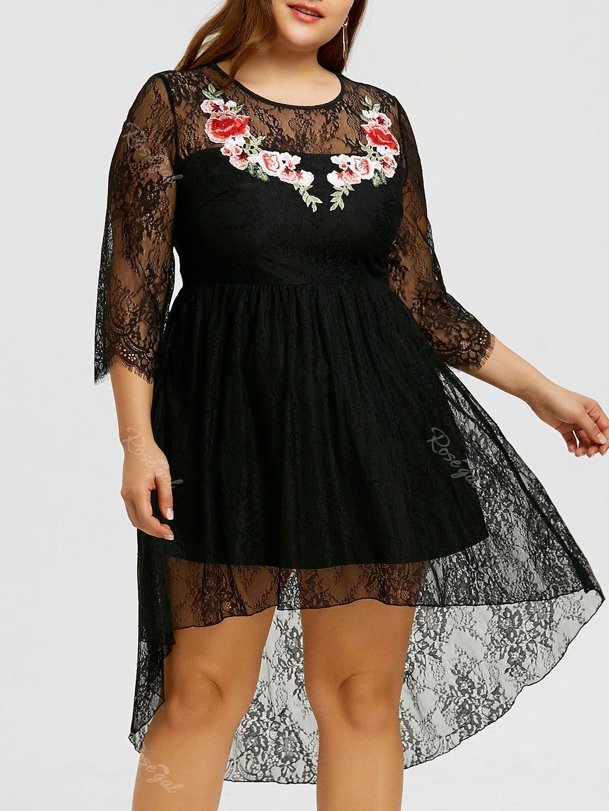 

Plus Size Lace Embroidery High Low Dress, Black