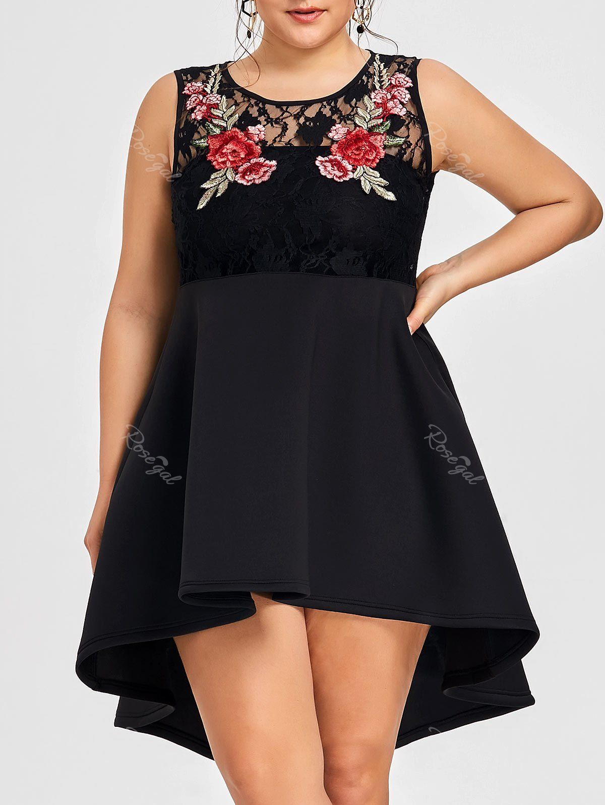 

Floral Embroidery Plus Size High Low Dress, Black