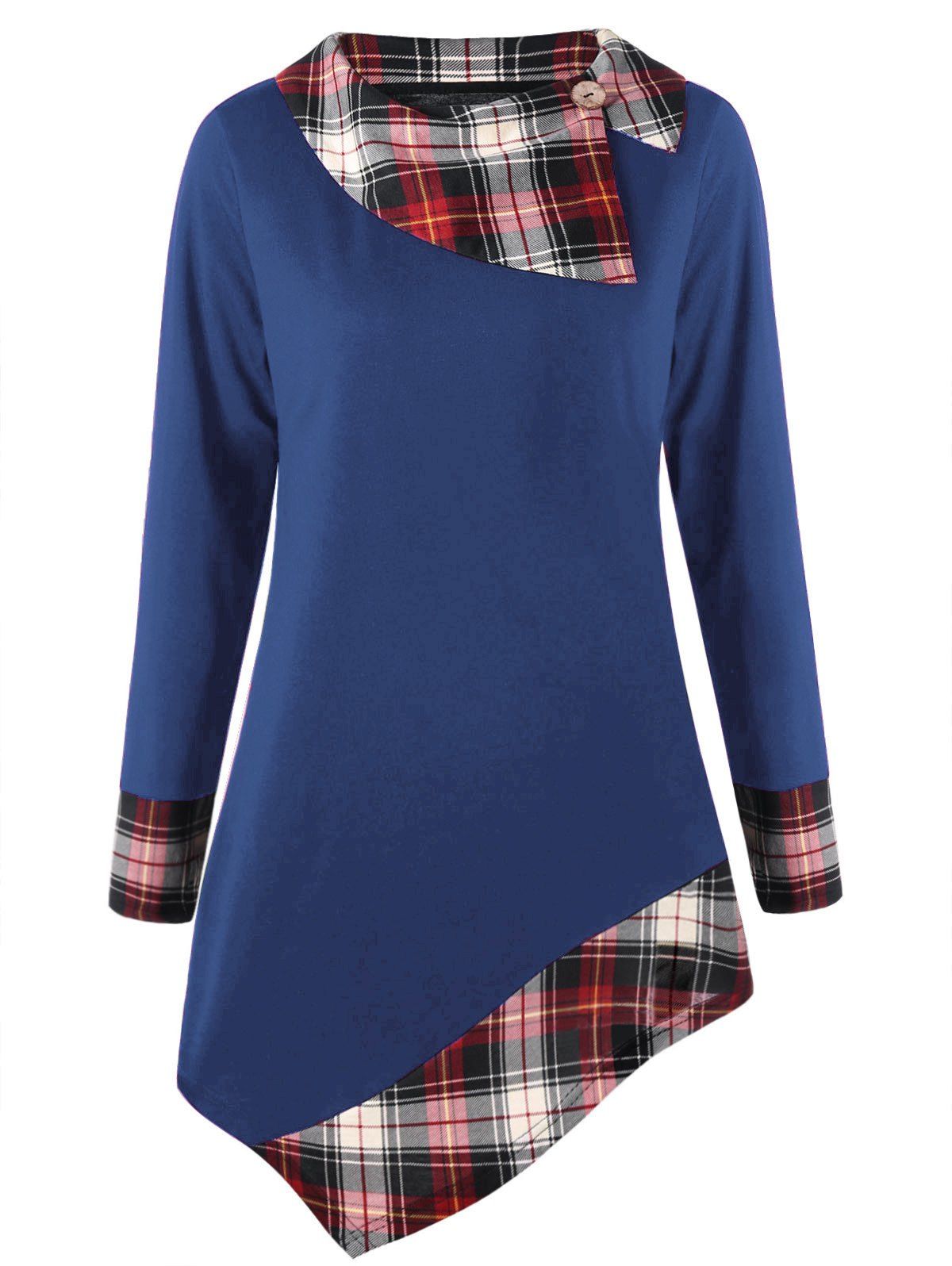 

Plus Size Plaid Trim Asymmetrical Tee, Blue