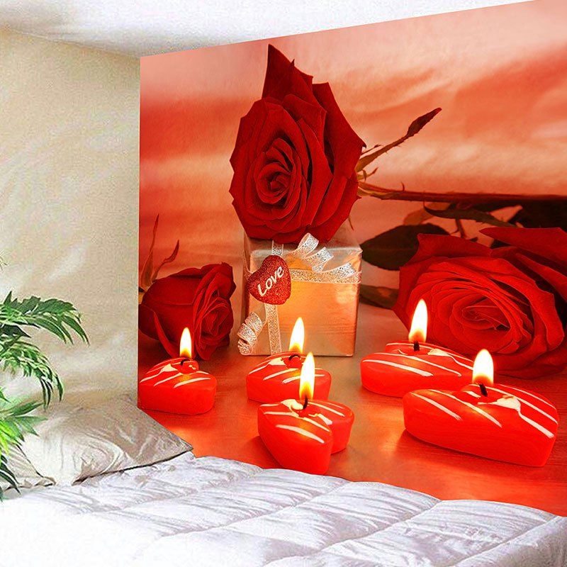 

Valentine's Day Gift Roses Heart Candles Print Wall Tapestry, Red