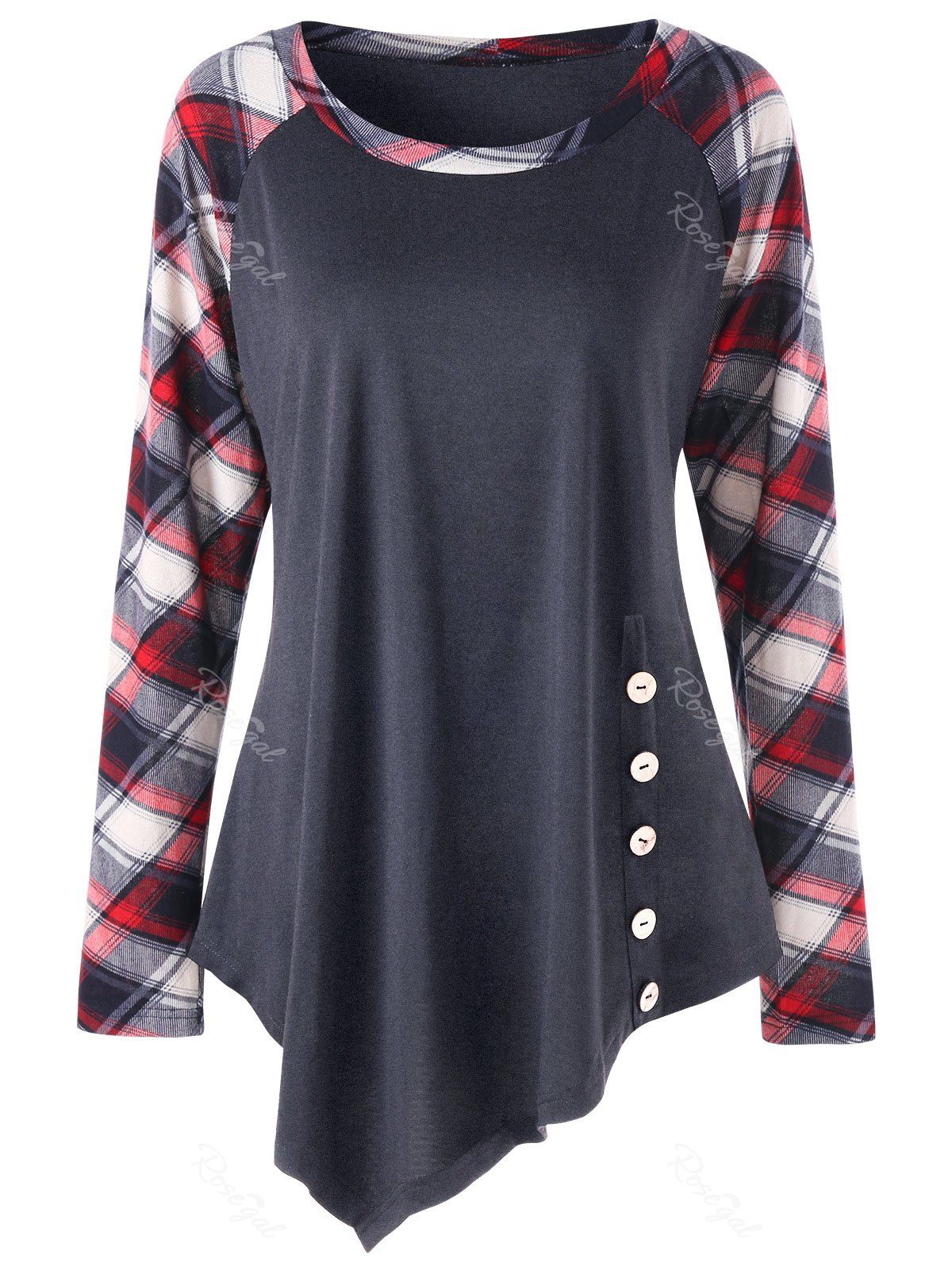 

Plus Size Raglan Sleeve Plaid Panel Asymmetric Top, Deep gray