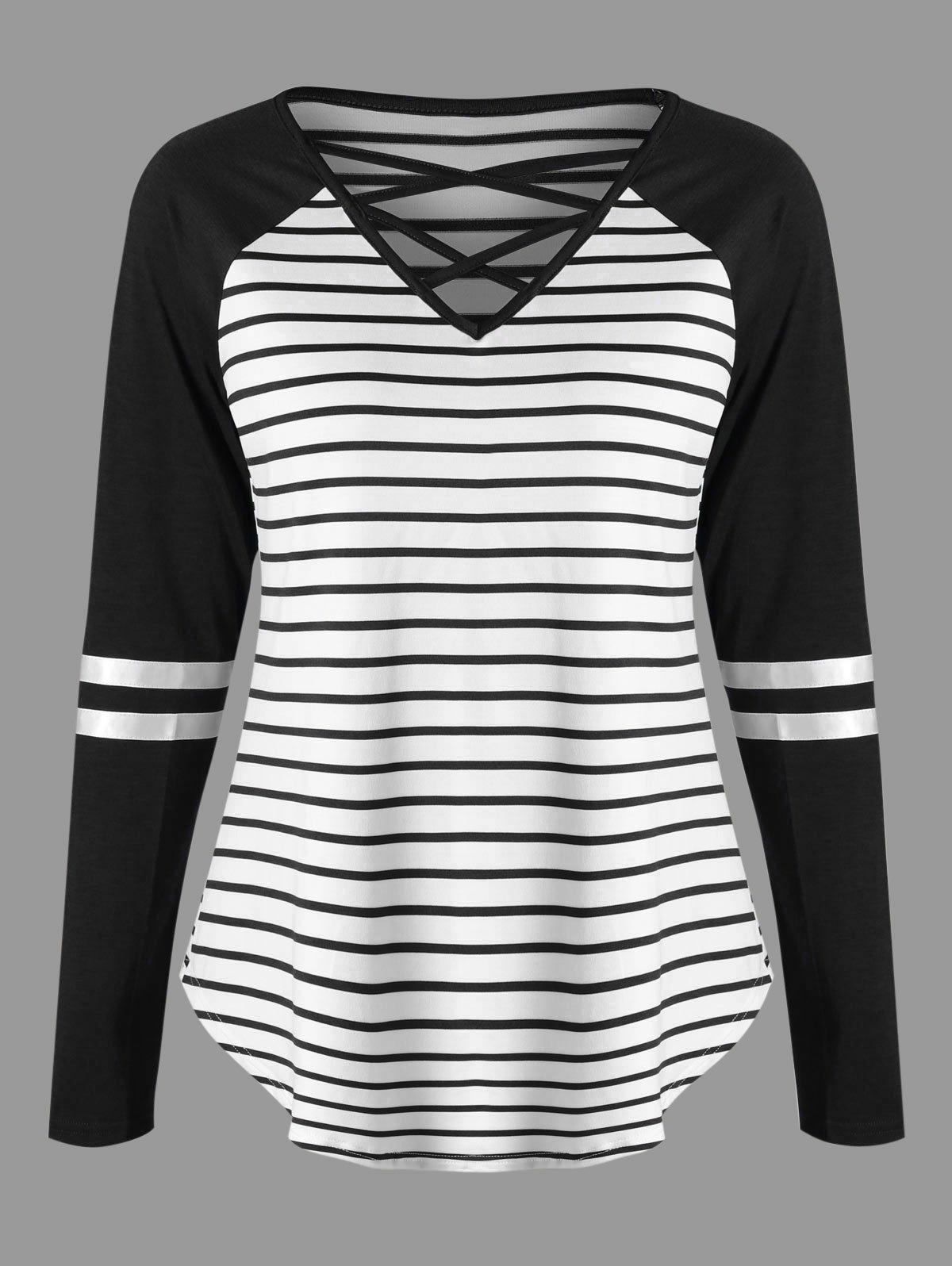 

Lattice Neck Striped Curved Jersey Top, Black