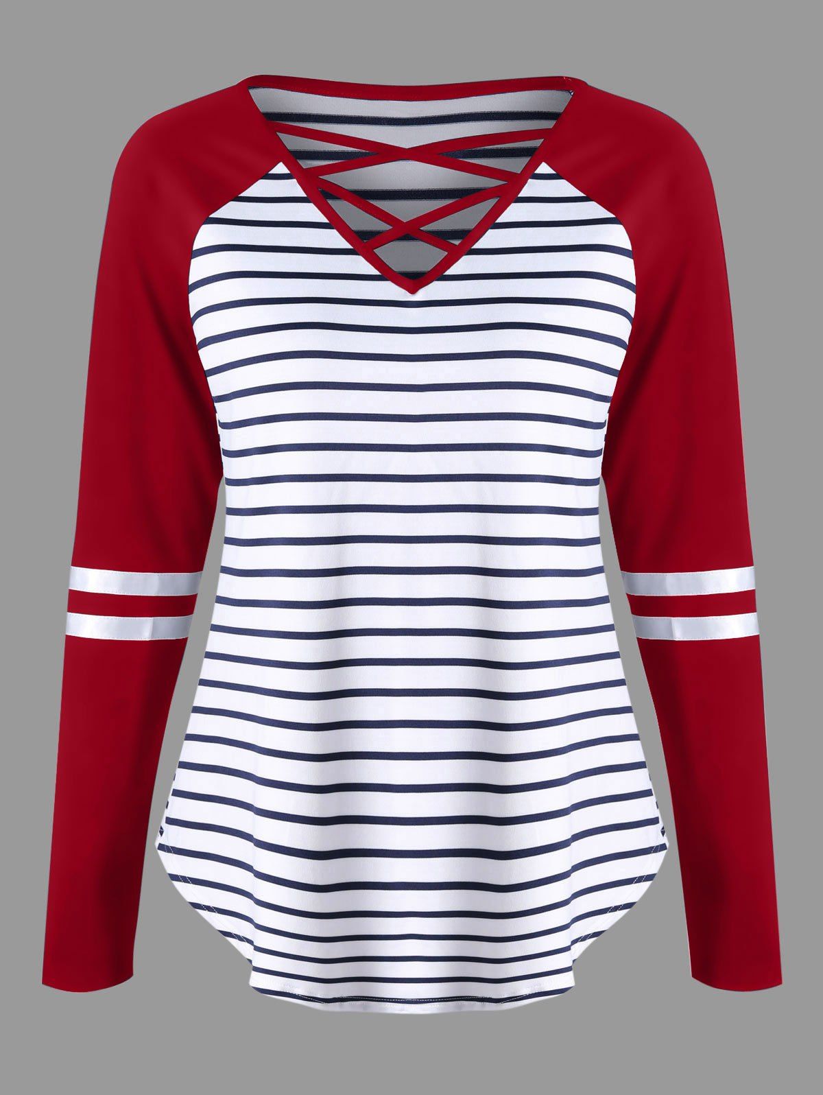 

Lattice Neck Striped Curved Jersey Top, Red