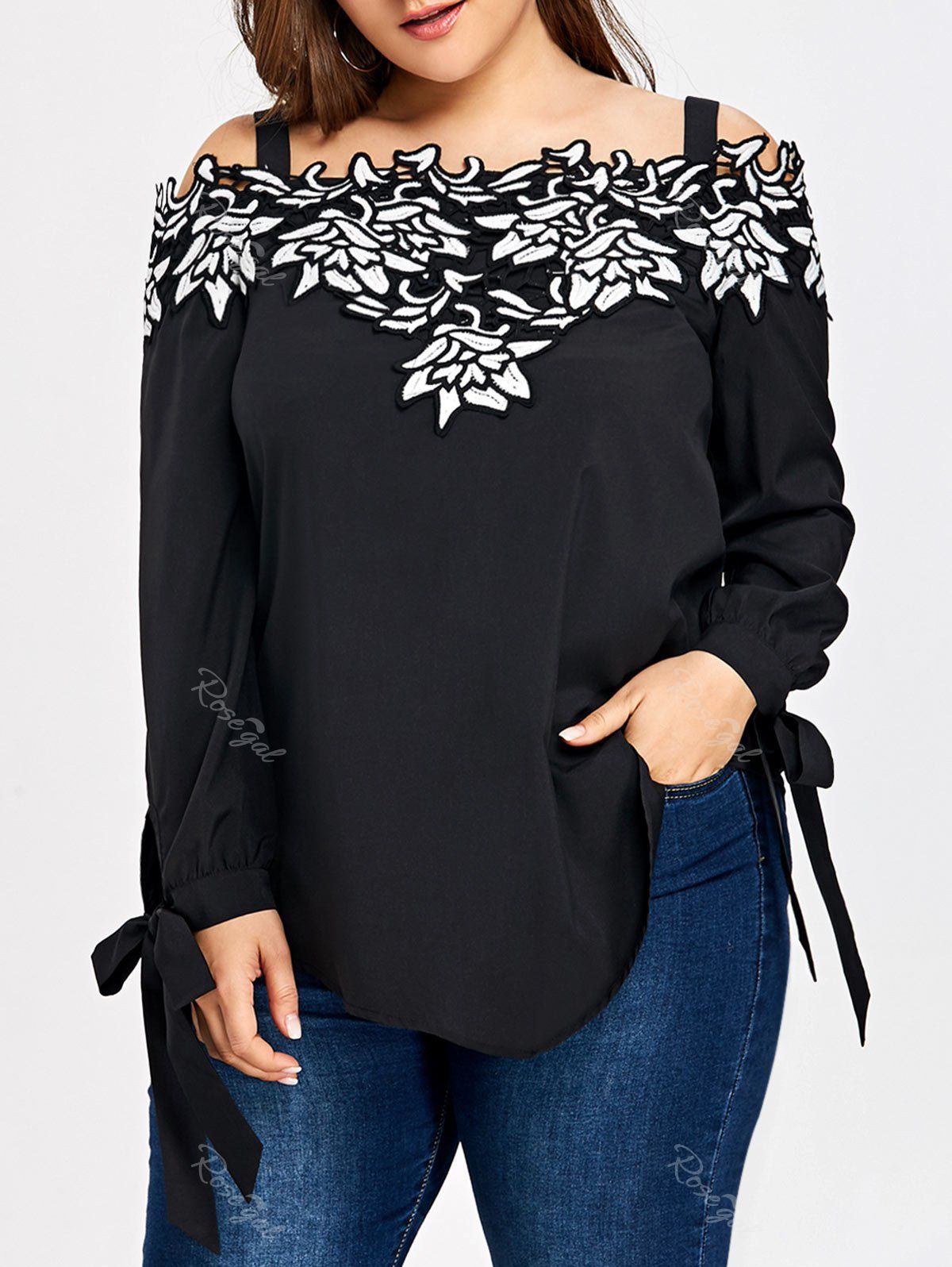 

Plus Size Applique Open Shoulder Top, Black