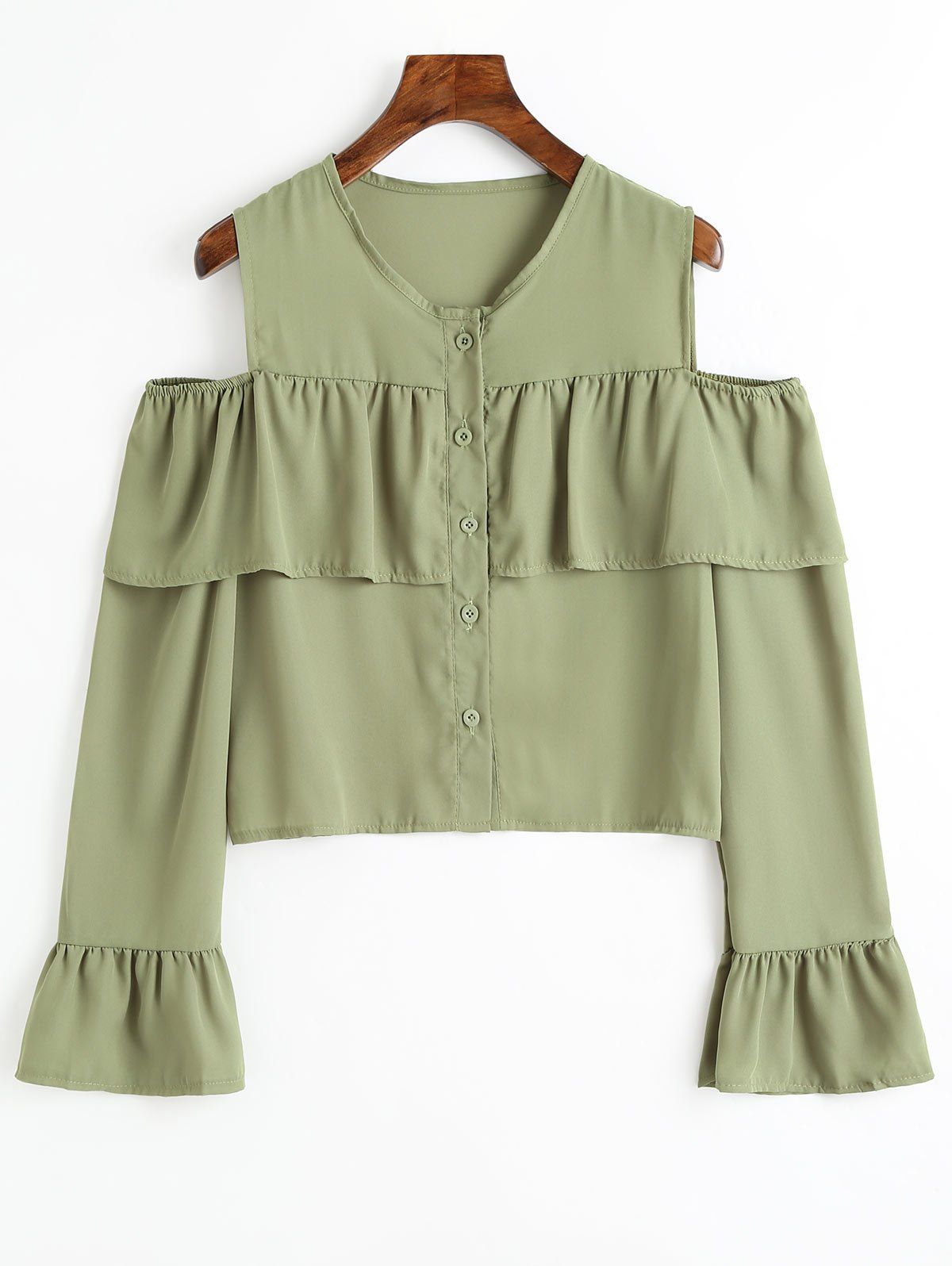 

Cold Shoulder Bell Sleeve Flounce Chiffon Blouse, Pea green