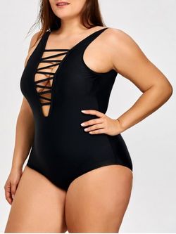 Plus Size Lattice Front  Swimsuit - BLACK - XL
