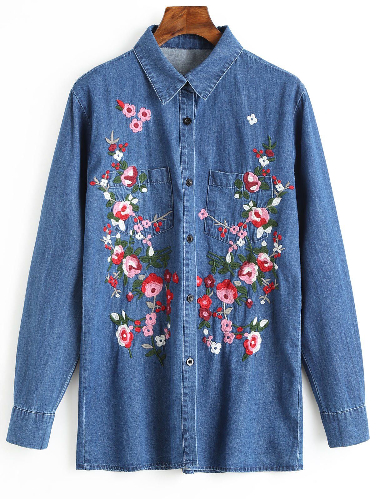[42% OFF] Button Up Flower Embroidered Denim Shirt | Rosegal