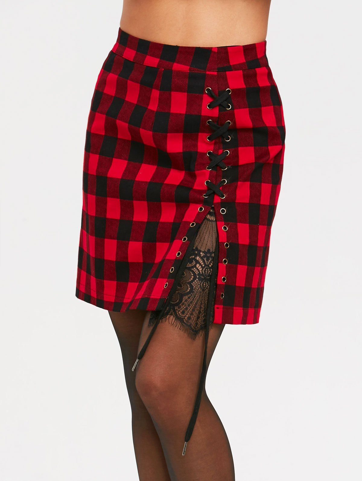 

Lace Panel High Waist Criss Cross Tartan Skirt, Black&red