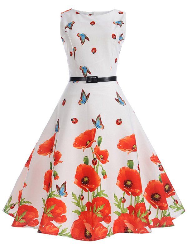 

Sleeveless Butterfly and Floral Print A Line Dress, White