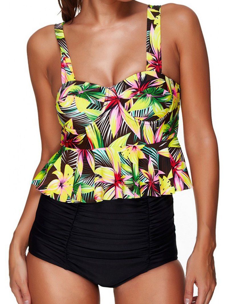 

High Waist Floral Flounce Peplum Tankini Set, Colormix