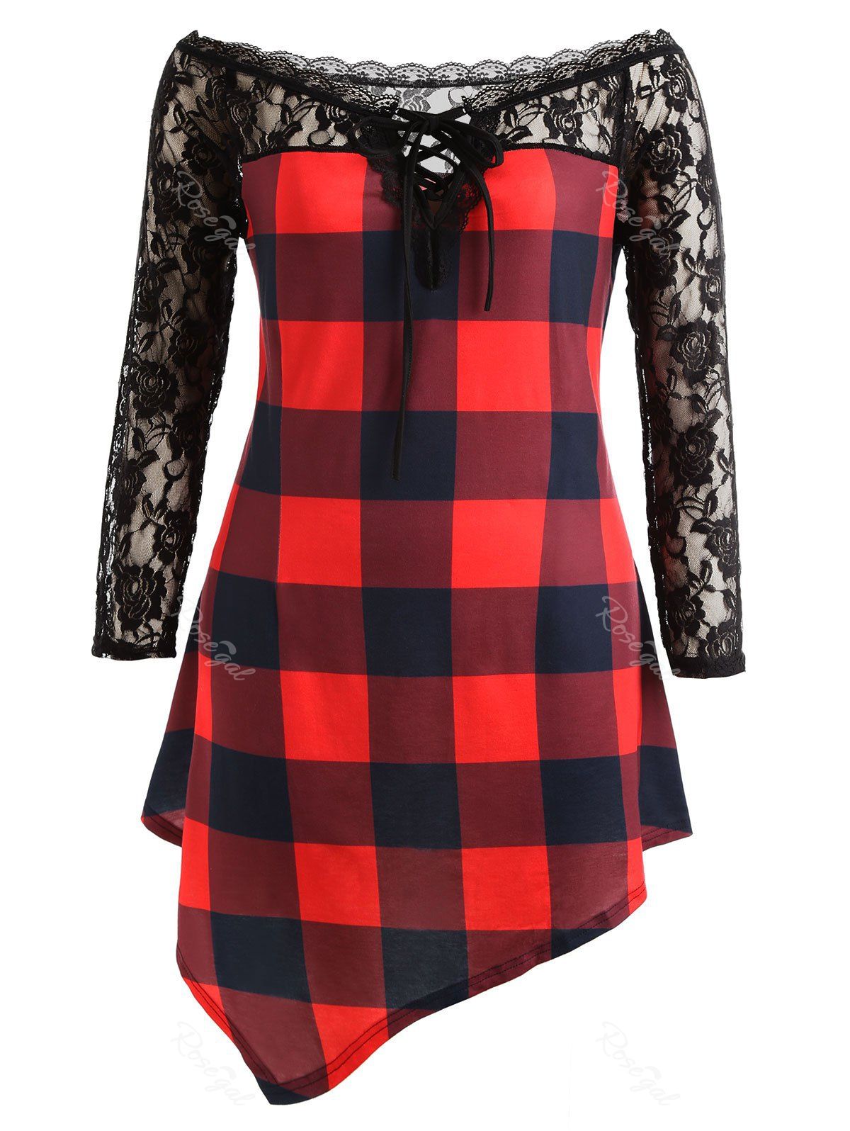 

Plus Size Lace Panel Tartan Asymmetrical T-shirt, Black&red