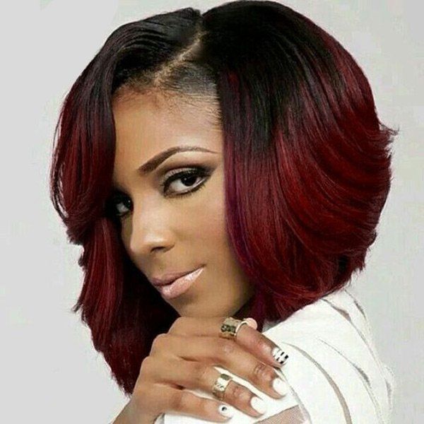 

Medium Side Parting Slightly Curly Ombre Synthetic Wig, Drak wine red ombre