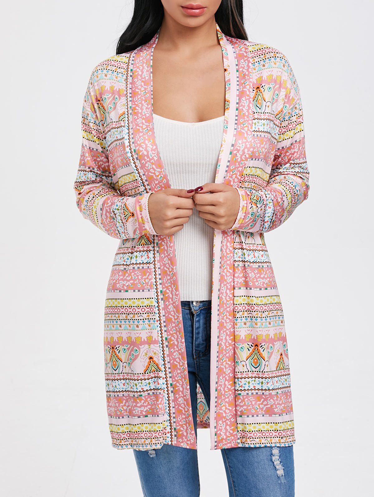 

Printed Tunic Open Front Cardigan, Multi