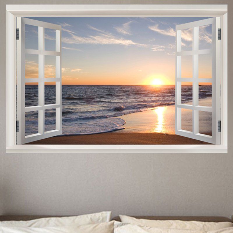 

Removable Window View Seaside Sunset Wall Sticker, Colorful