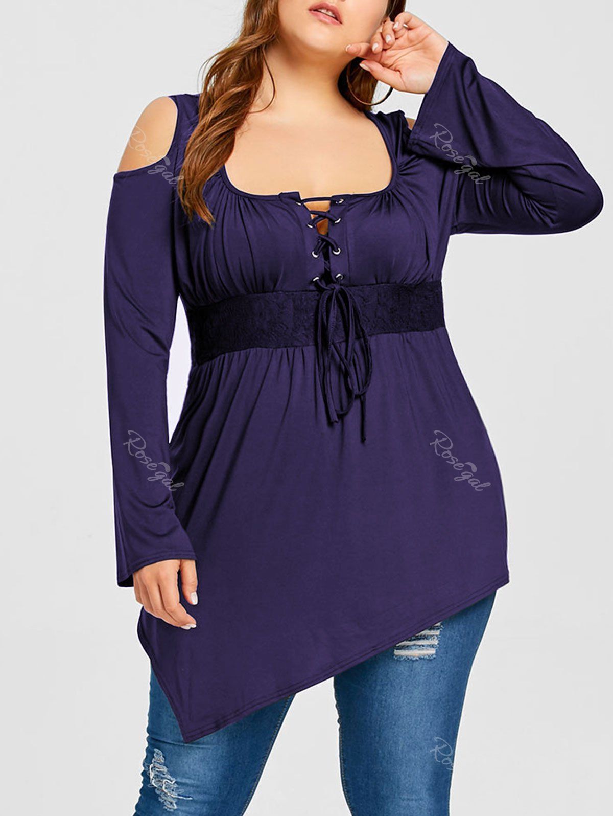 

Lace Up Cold Shoulder Plus Size Tee, Purple