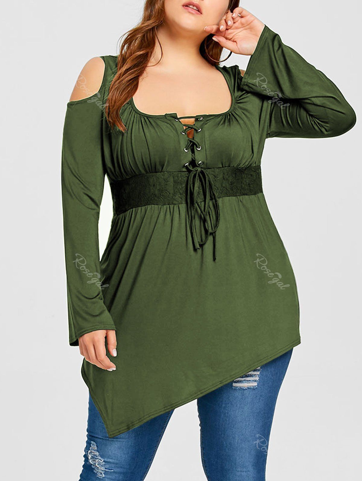 

Lace Up Cold Shoulder Plus Size Tee, Olive green