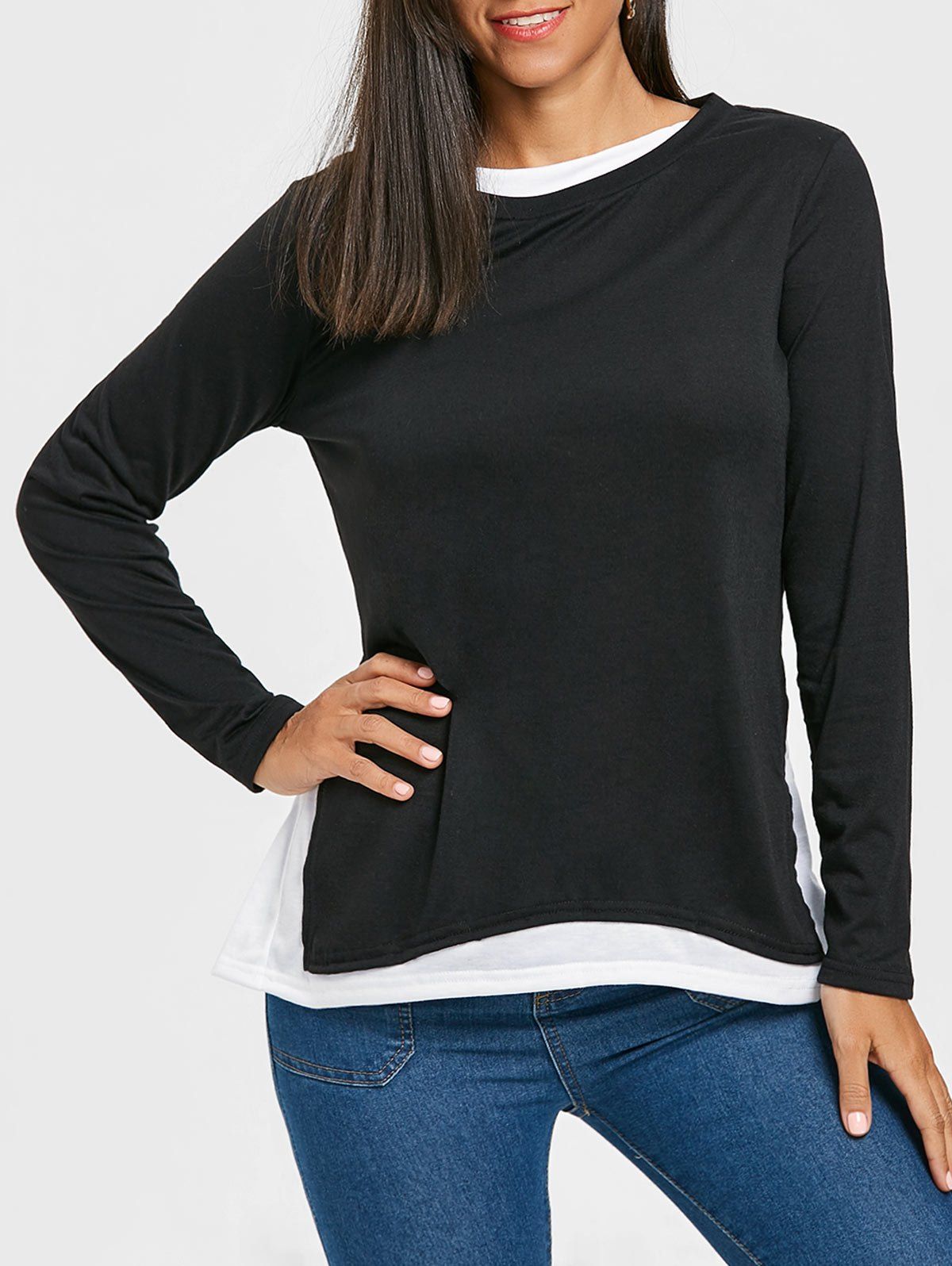 

Two Tone Color Long Sleeve Top, Black