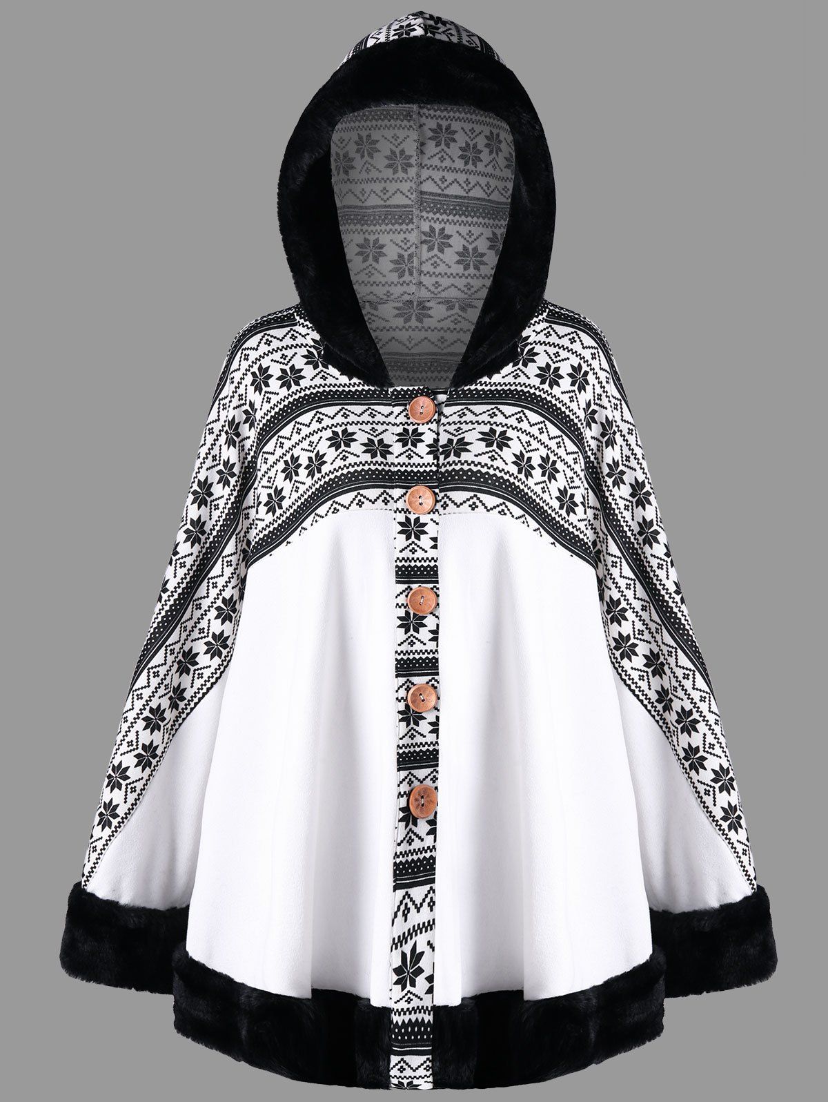 

Snowflake Print Hooded Cape Coat, White