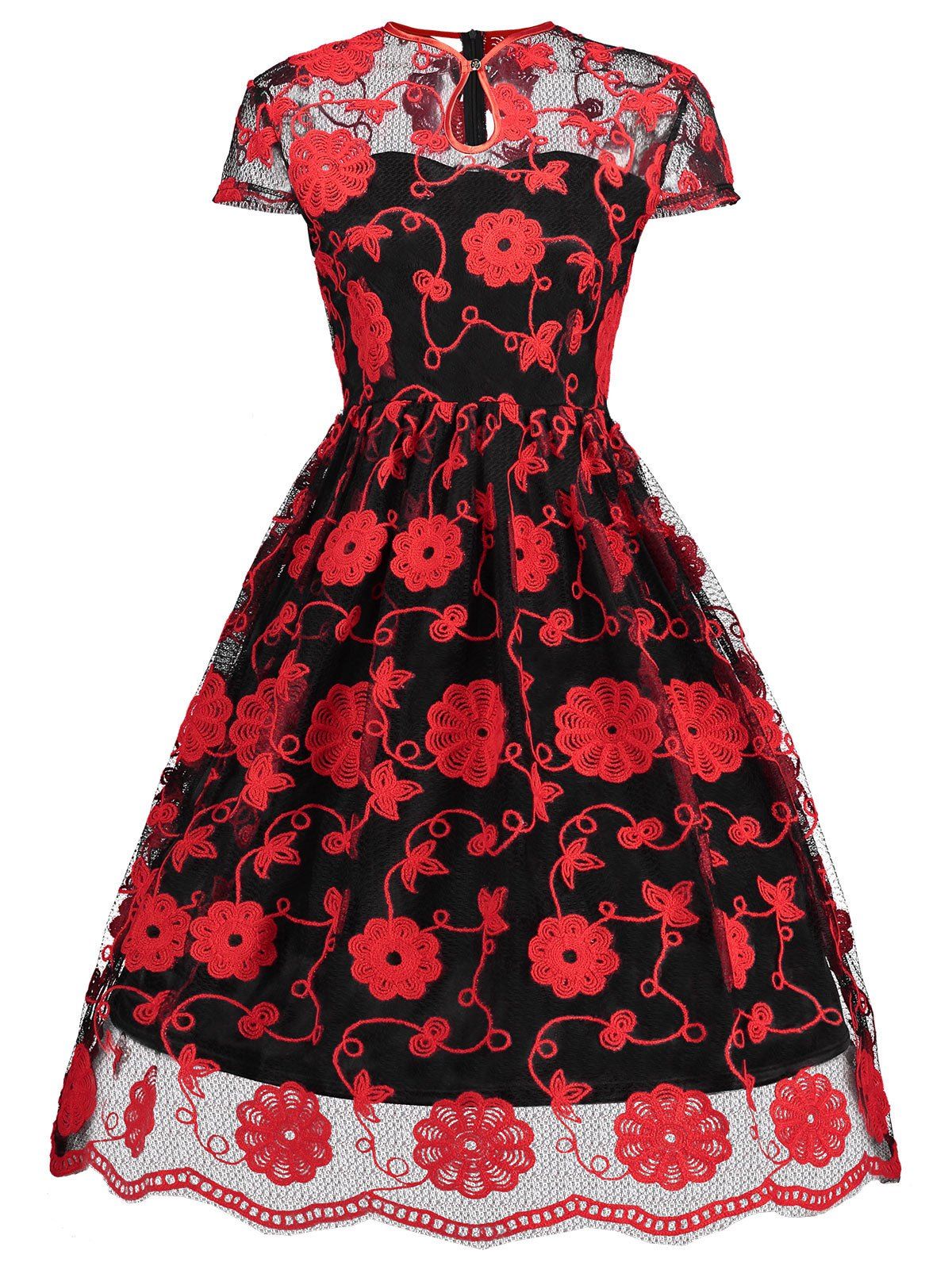 

Keyhole Embroidered Mesh Vintage Dress, Red with black