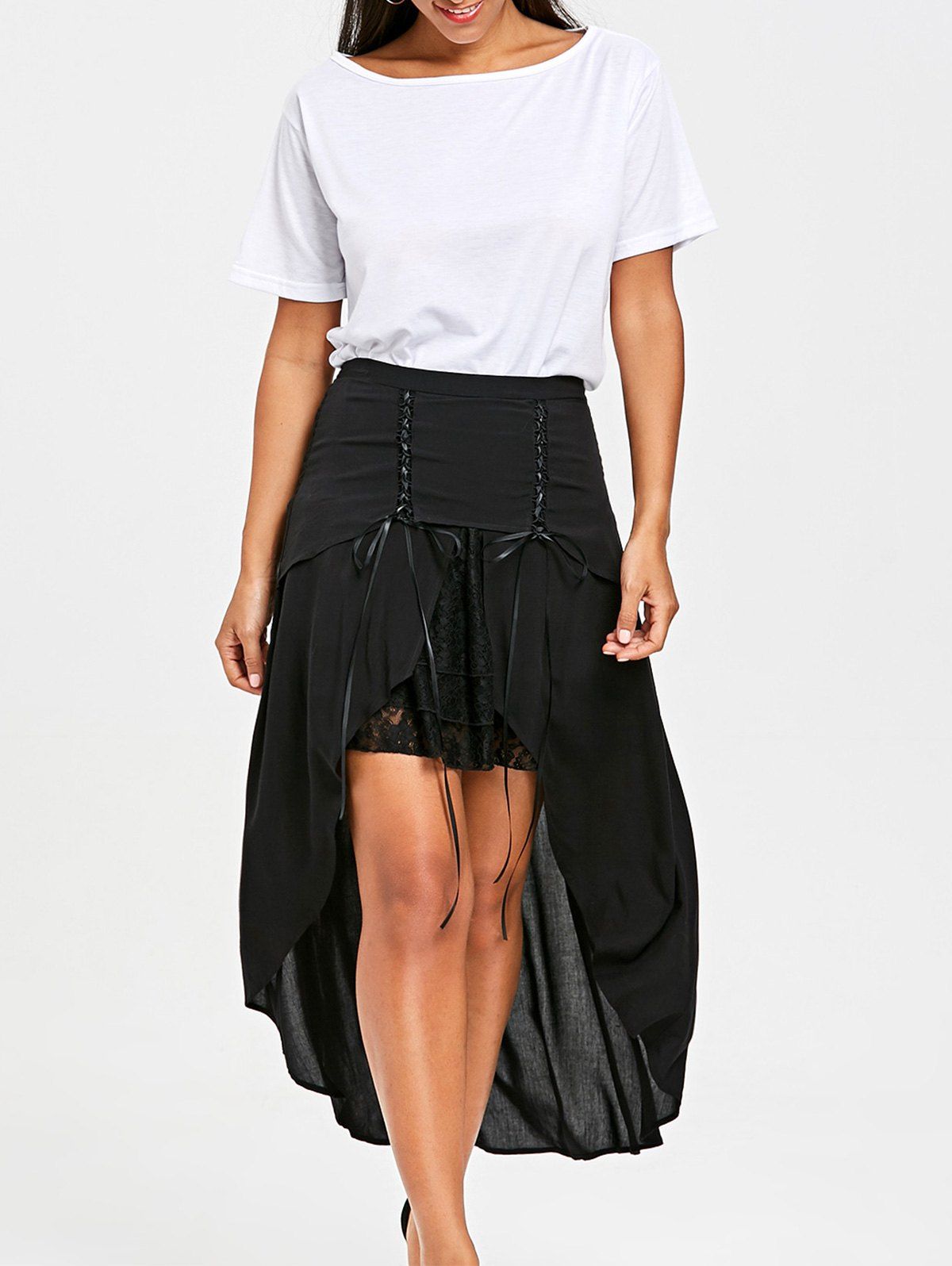 

Lace Up Flowy Overlay Skirt, Black