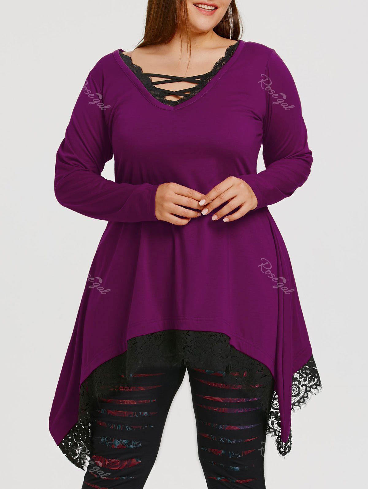 

Lace Trim Plus Size Tunic Sharkbite T-shirt, Purple