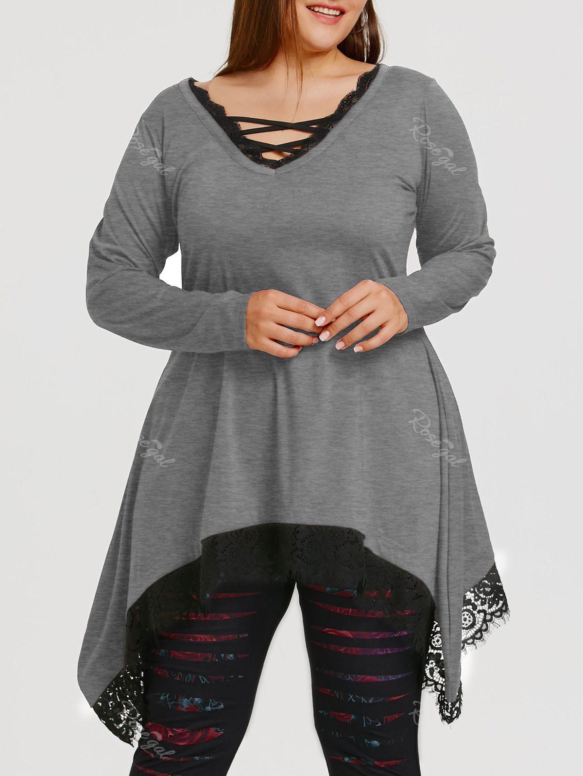 

Lace Trim Plus Size Tunic Sharkbite T-shirt, Gray