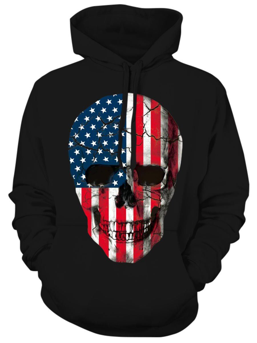 

American Flag Skull Print Drawstring Hoodie, Black