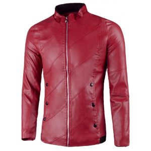 

Flap Button Embellished Stand Collar Faux Leather Jacket, Red