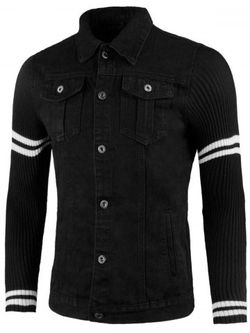 Varsity Stripe Sweater Panel Denim Jacket - BLACK - 3XL