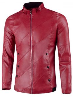 Flap Button Embellished Stand Collar Faux Leather Jacket - RED - 2XL