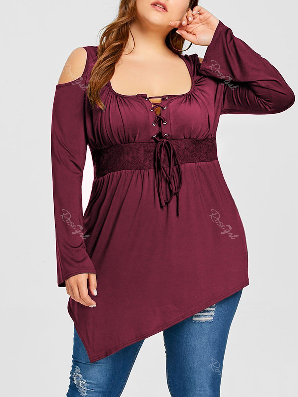 

Lace Up Cold Shoulder Plus Size Tee, Wine red