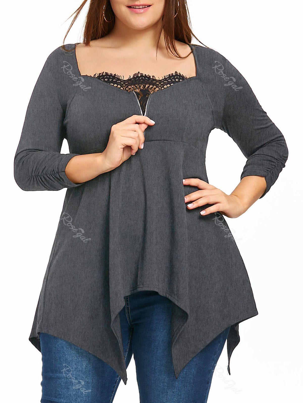 

Plus Size Square Neck Handkerchief Top, Heather gray