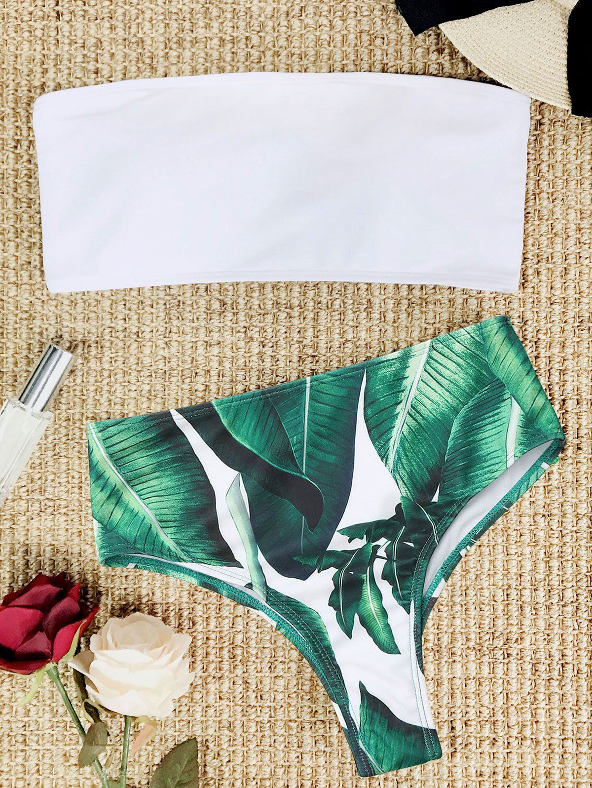 

Strapless Palm Leaf High Cut Bikini Set, White
