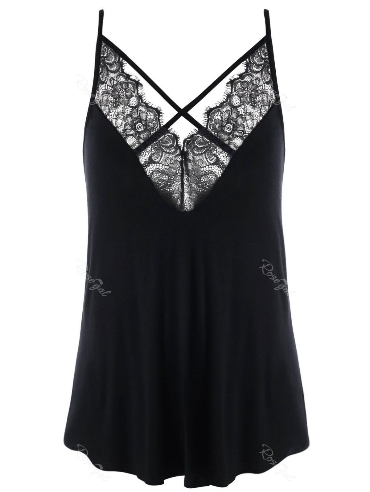 

Plus Size Lace Panel Criss Cross Tank Top, Black