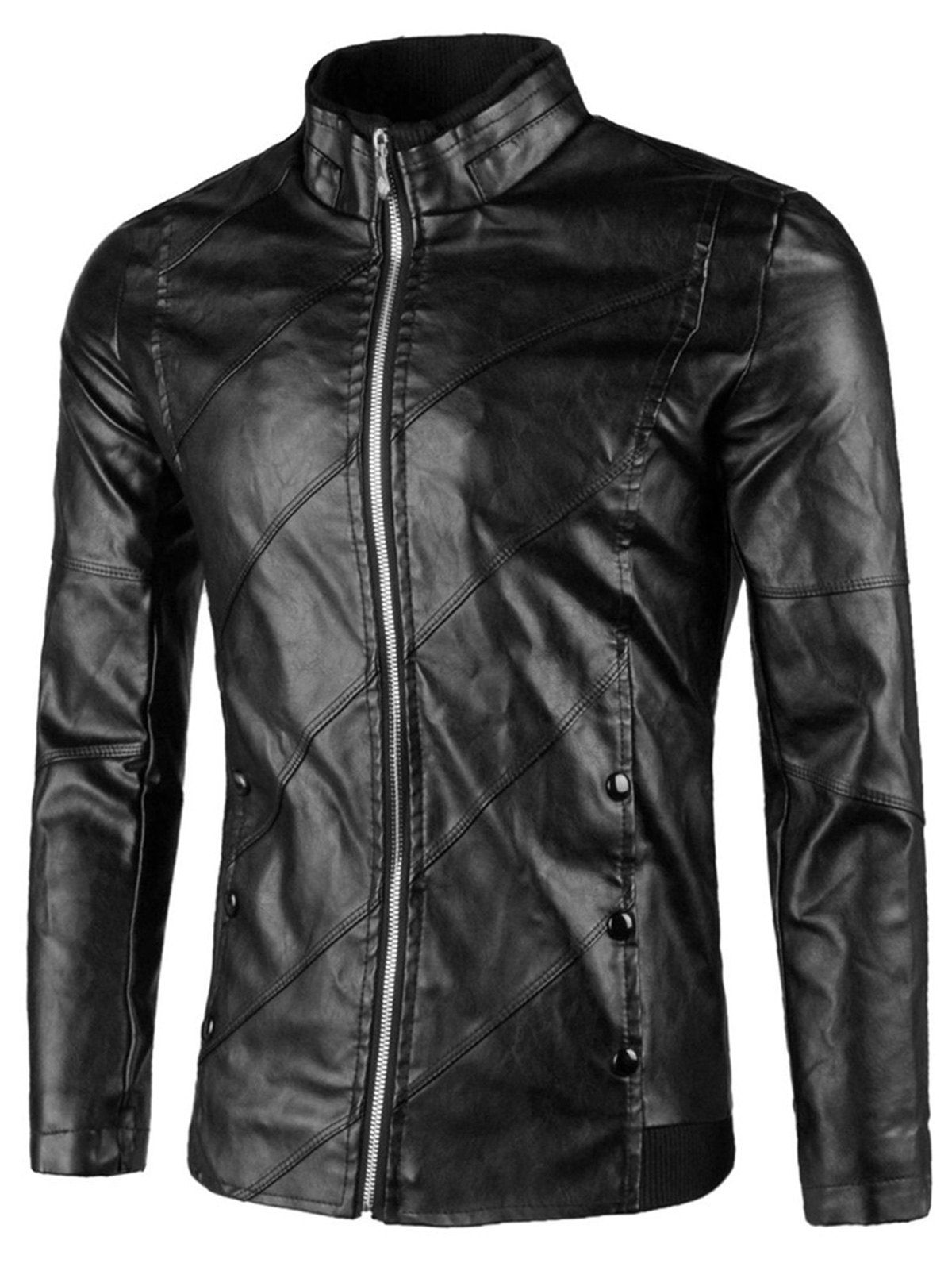 

Flap Button Embellished Stand Collar Faux Leather Jacket, Black