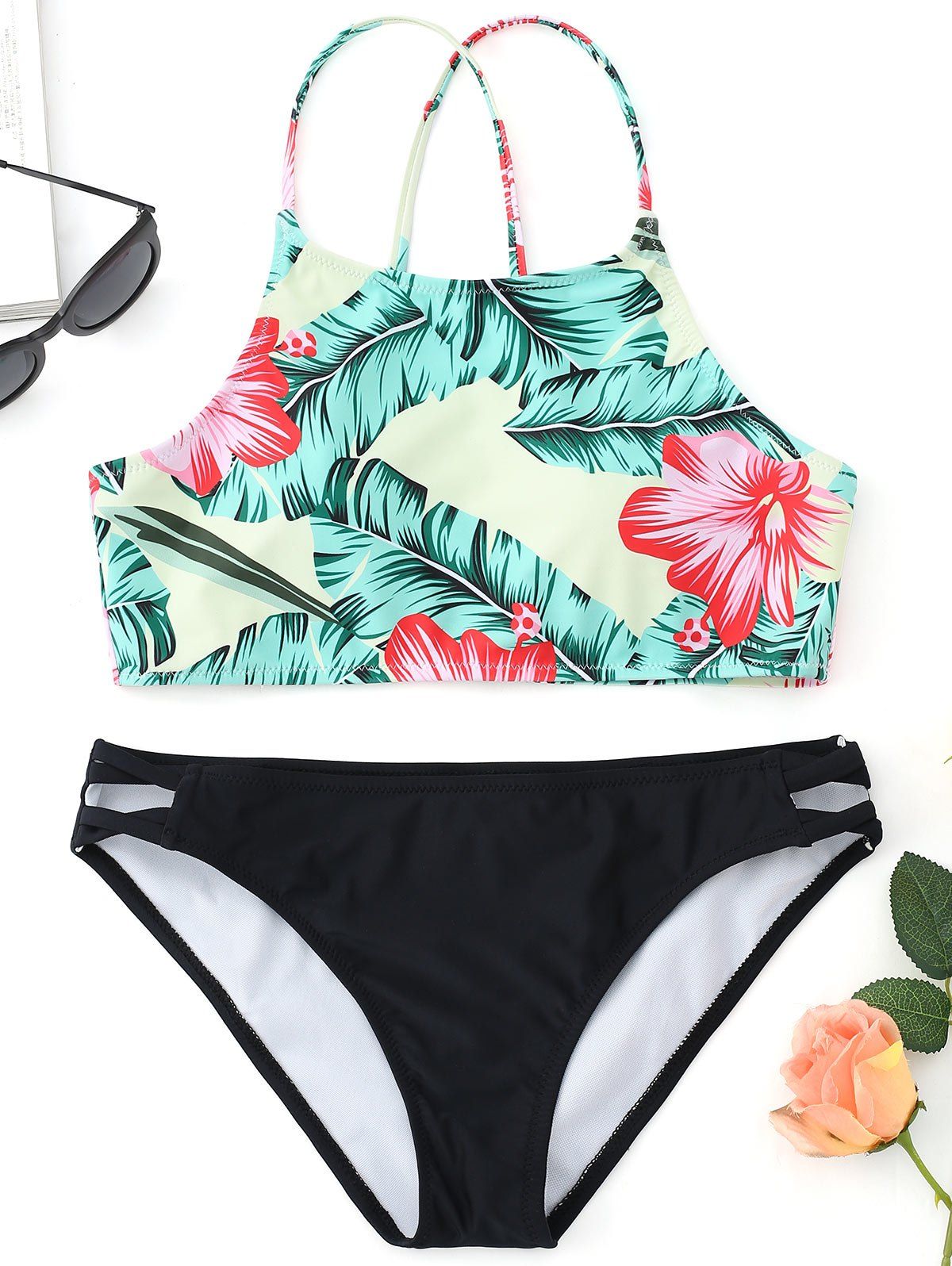 

High Neck Leaf Print Bathing Suit, Black