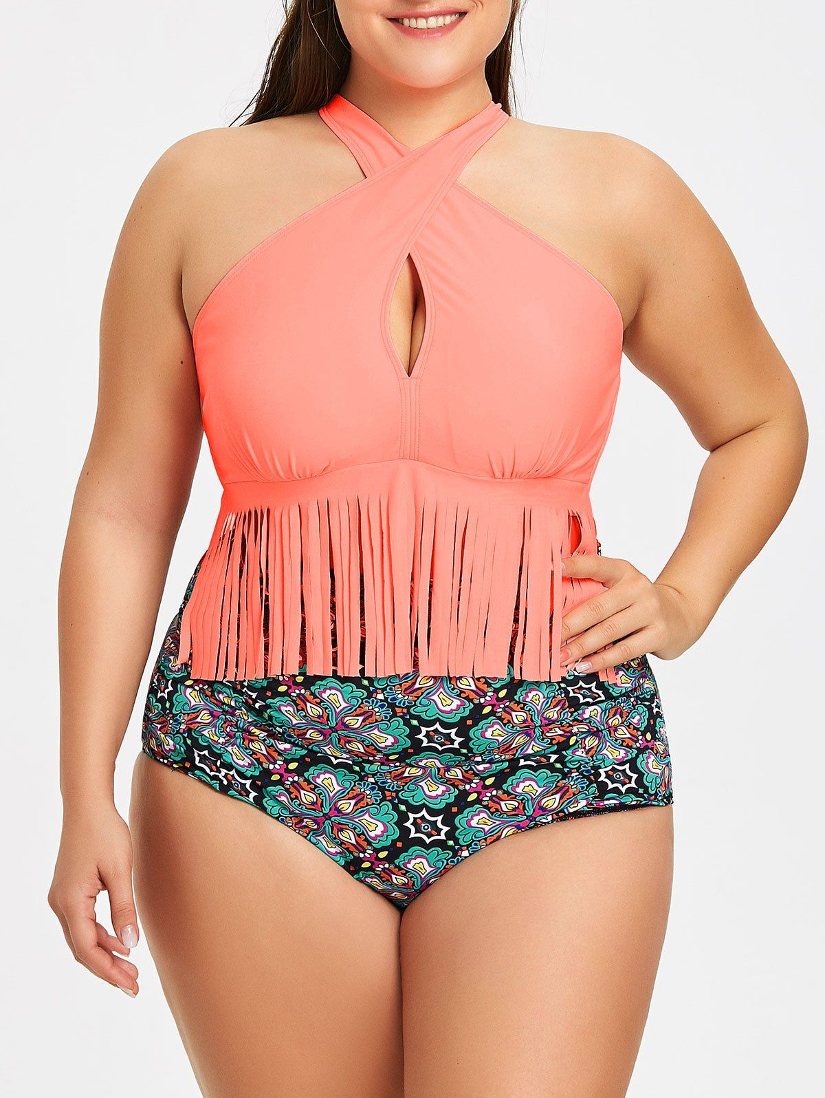 

Floral Print Fringed Plus Size Bikini Set, Orange