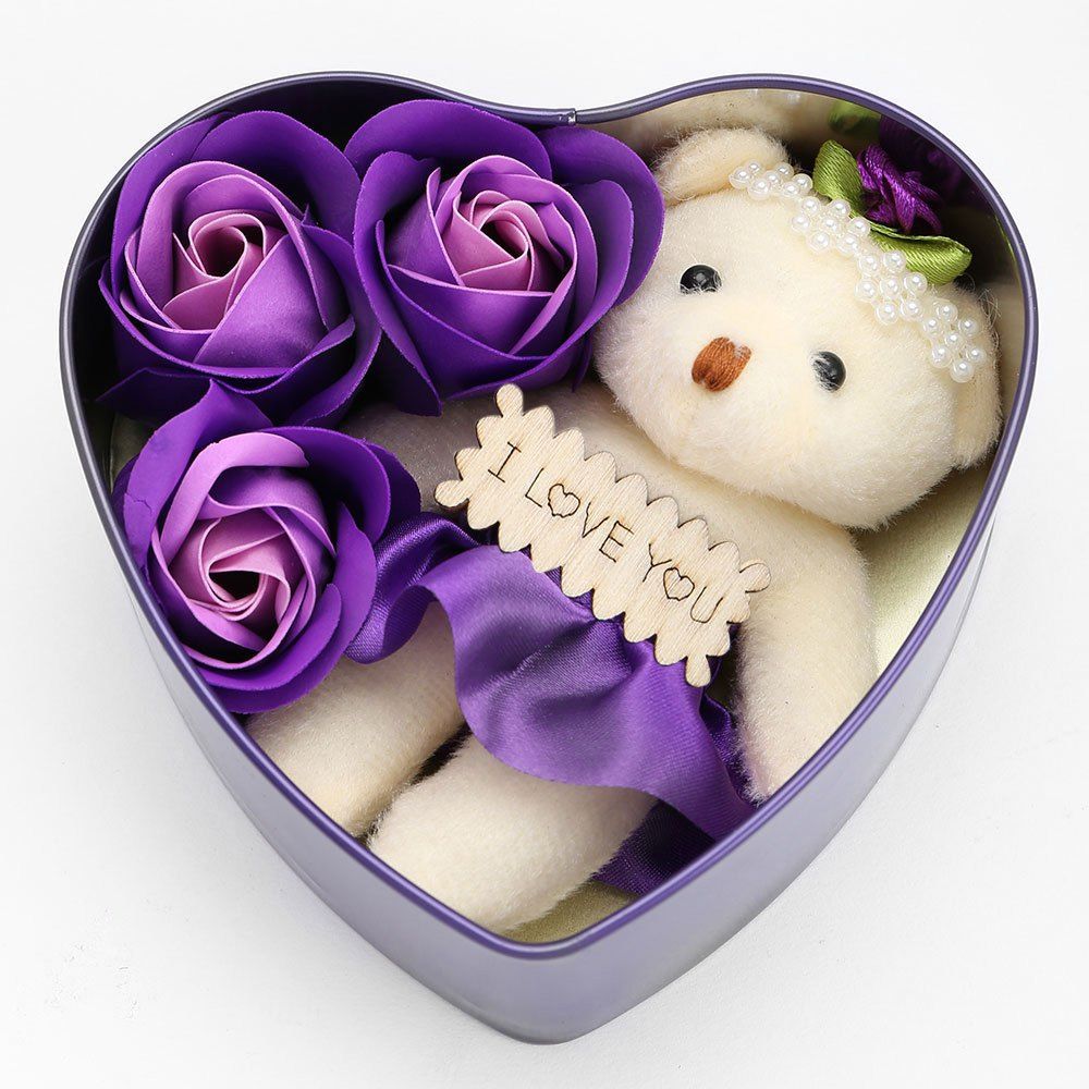 

3PCS Soap Roses and 1PC Bear in a Iron Box Valentine's Day Gift, Purple