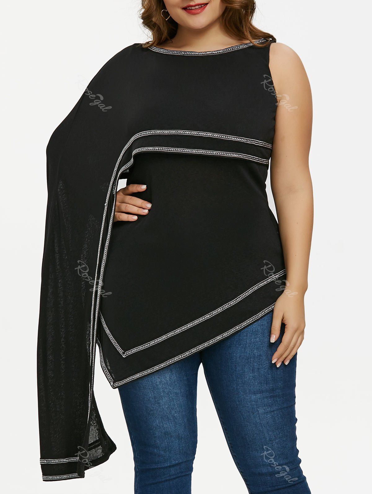 

Plus Size Contrast Trim Asymmetric Capelet Top, Black