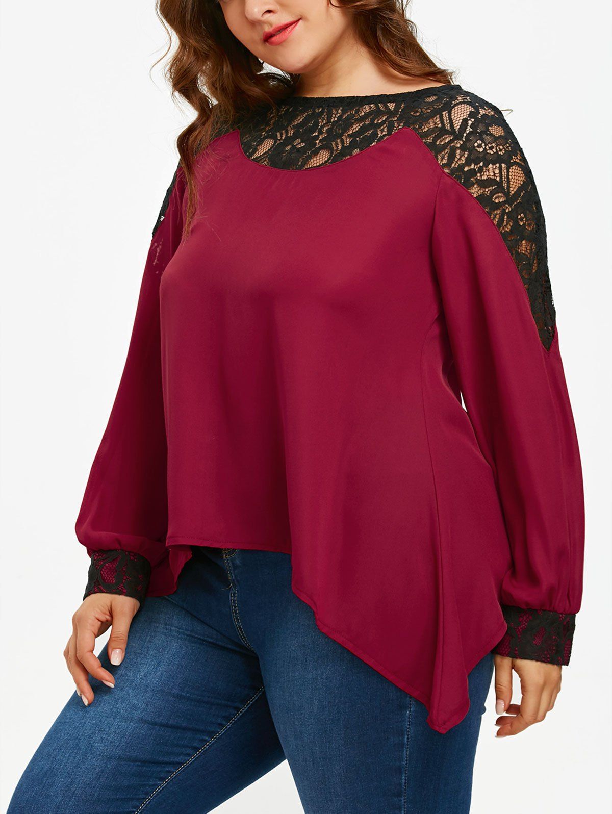 2019 plus size long sleeve lace panel peplum top